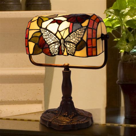 Tiffany Style Bankers Lamp-Stained Glass Butterfly Design Table or Desk Light LED Bulb Included ...