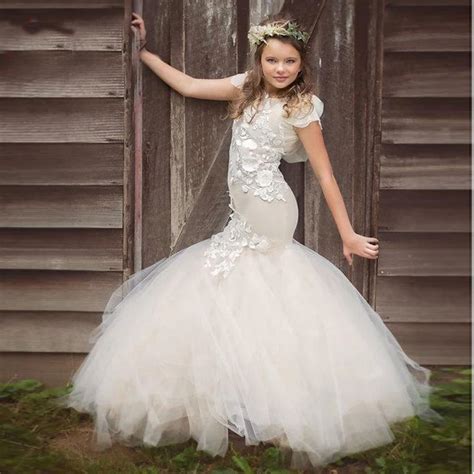 2017 New Mermaid Flower Girls Dress For Weddings Lace Appliques Tulle Sleeveless Pageant Gowns ...