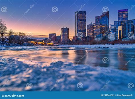 Calgary Skyline Glowing at Sunrise Stock Image - Image of illuminated ...