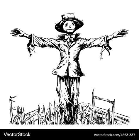 Scarecrow on the field sketch hand drawn Vector Image