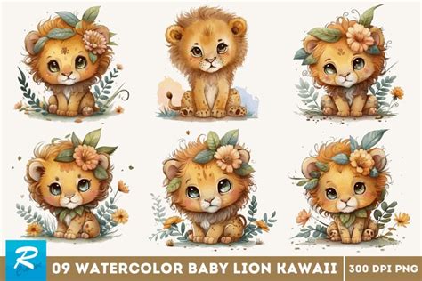 Watercolor Cute Baby Lion Kawaii Cartoon Clipart Bundle