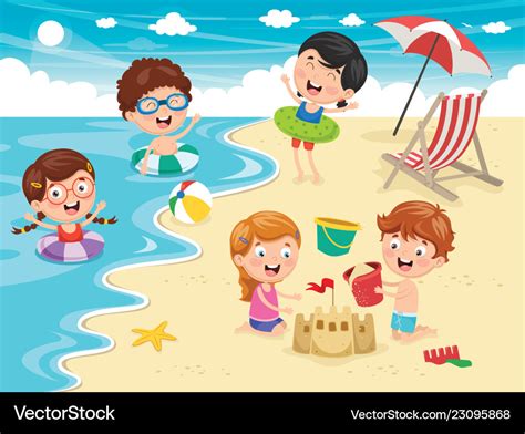 Of kids playing at beach and se Royalty Free Vector Image