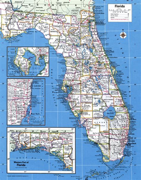 Map of Florida showing county with cities,road highways,counties,towns