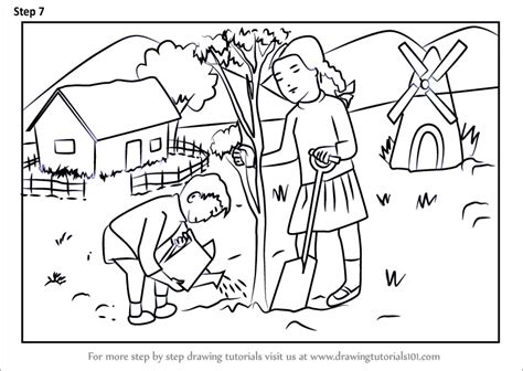 Learn How to Draw Kids Planting Tree Scenery (Scenes) Step by Step : Drawing Tutorials