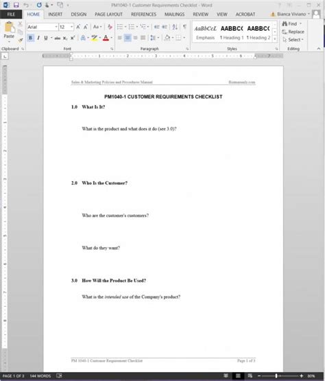 Customer Requirements Checklist Template