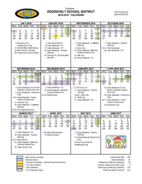 2016 - 2017 District Calendar | Roosevelt Elementary School District #66 – Phoenix, AZ