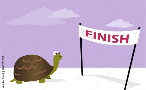 Slow, but sure. Cartoon tortoise at the finish line, vector illustration, no transparencies ...