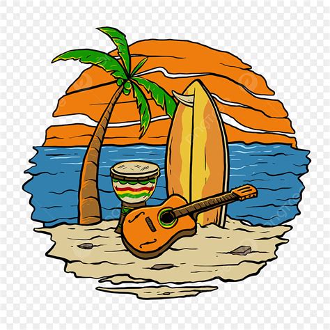 Surf Board Beach PNG Picture, Guitar And Surfing Board In The Sun Set Of Beach Vector ...