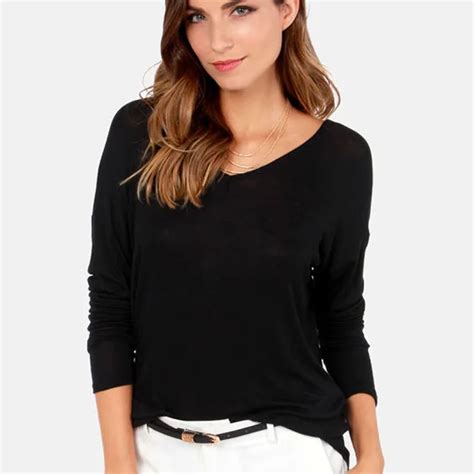 Fashion black color woman t shirt o neck casual women long sleeve ...