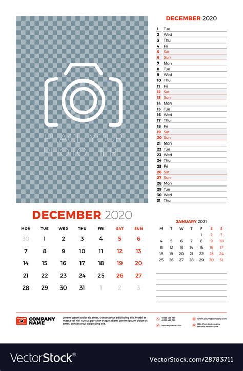 Wall calendar planner template for december 2020 Vector Image