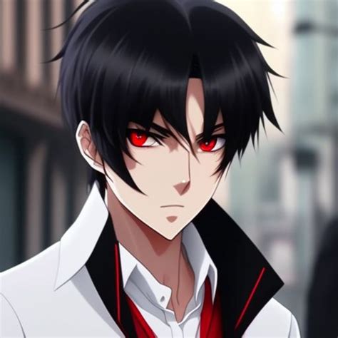 fond-ibex817: Black Haired anime boy with red eyes wearing a white dress shirt with collar down ...