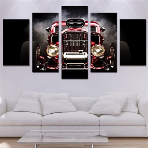 5 Pieces Canvas Wall Art Hot Rod Red Front View Wheels Modular Car in 2020 | Living room canvas ...