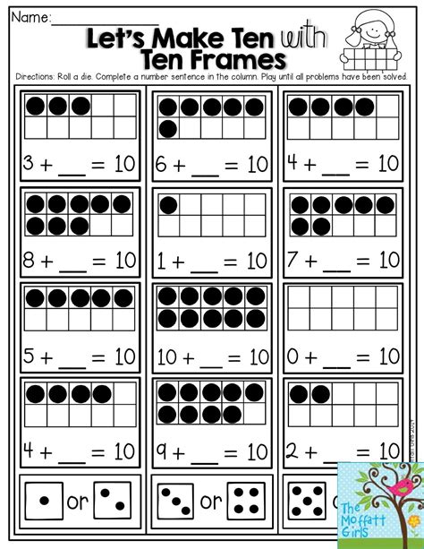 Let's Make Ten with Ten Frames- Roll a die. Complete a number sentence in the column and play ...