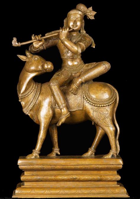 SOLD Bronze Krishna Playing Flute on Cow 21.5" (#10bc18): Hindu Gods ...