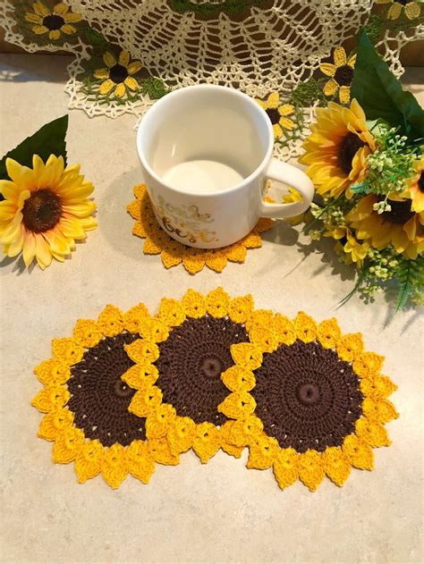 Crochet Sunflower Coaster Crochet Sunflower Coasters - Etsy in 2022 | Crochet sunflower, Crochet ...