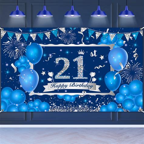 Buy Blue 21st Birthday Decorations Banner for Men Women, Navy Blue Silver Happy 21st Birthday ...