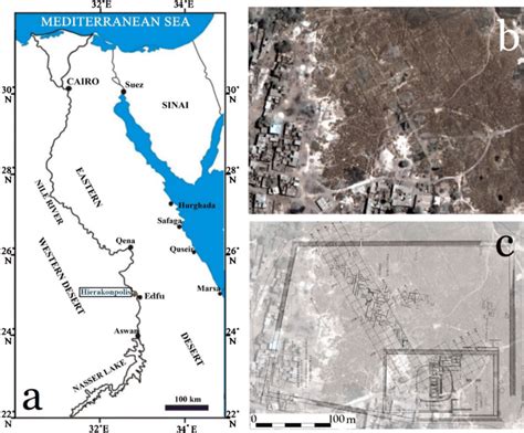 a Map showing the location of Hierakonpolis; b satellite image of the ...