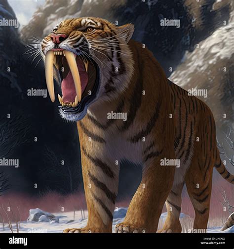 A saber-tooth tiger in its natural habitat, illustration. Smilodon, an ...