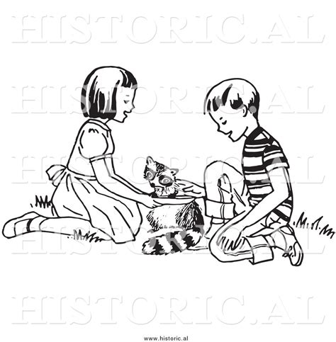 Clipart of Happy Kids Feeding a Hungry Raccoon - Black and White Drawing by Picsburg - #9340