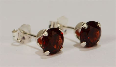 Red Garnet Earrings~.925 Sterling Silver Setting~6mm Round Cut~Genuine Natural Mined