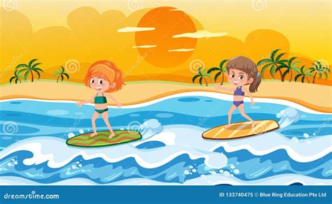 Children Surfing on Waves Scene Stock Vector - Illustration of clouds ...