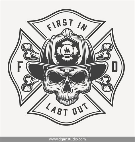 Skull without jaw in fireman helmet and crossbones. Vintage monochrome style. Vector custom ...