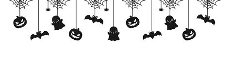 Happy Halloween banner or border with black bats, spider web, ghost and jack o lantern pumpkins ...