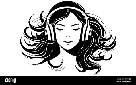 The girl logo. Black silhouette of girl listens to music on headphones. Musician avatar view ...