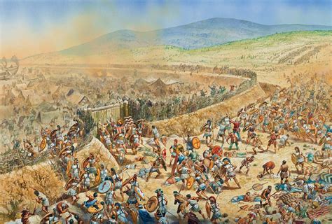 Greeks storm the Persian encampment at the Battle of Mycale in 479 BC ...