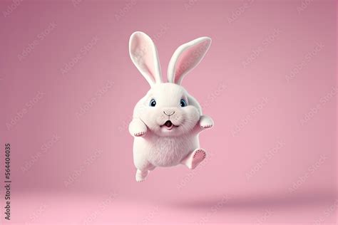 Cute cartoon AI generated happy bunny character jumping on pink background. Adorable rabbit for ...