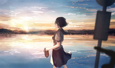 1366x768px, 720P free download | Sunset, anime girl, looking away ...