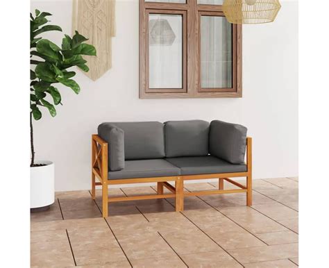 2-Seater Garden Sofa with Grey Cushions Solid Wood Teak | Catch.com.au