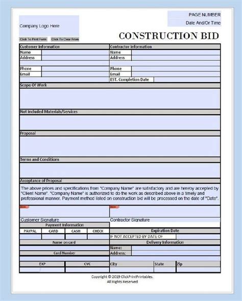 Construction Bid Project Form Template Simple Minimal Editable ...