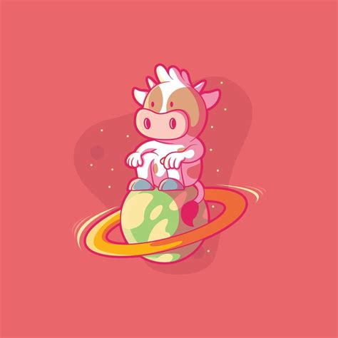 Cow Character on top of a planet in space vector illustration ...