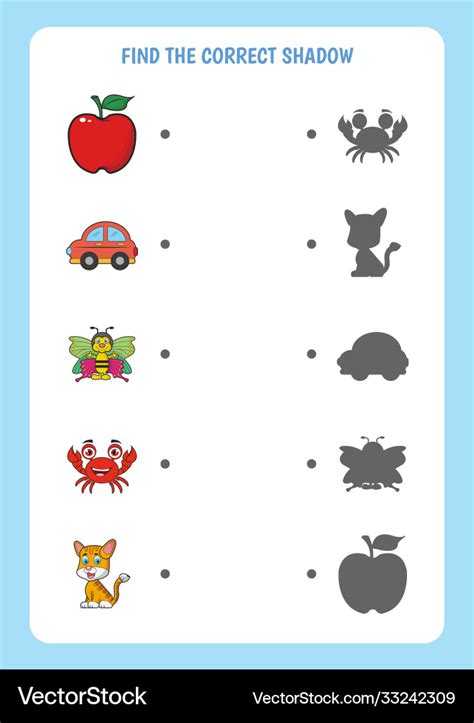 Funny cartoon worksheet find correct shadow Vector Image