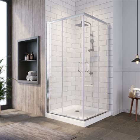 SUNNY SHOWER Corner Shower Enclosure 1/4 in. Clear Glass Semi-Frameless ...