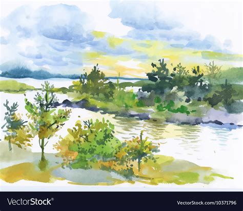 Watercolor autumn forest and lake landscape Vector Image