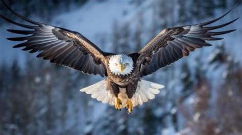 Premium AI Image | American bald eagle flying with snow mountain background