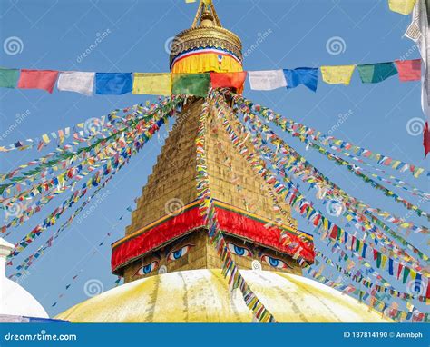 Spire of Boudhanath Stupa among of Prayer Flags, Kathmandu, Nepal Stock Photo - Image of site ...