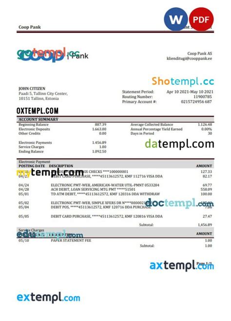 Estonia Coop Pank proof of address bank statement template in Word and ...