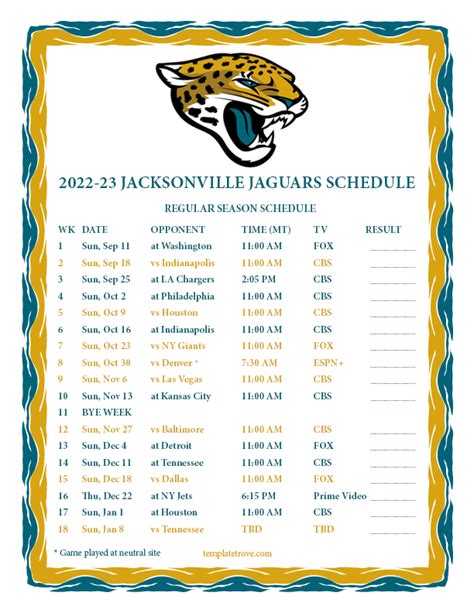 Printable 2022-2023 Jacksonville Jaguars Schedule