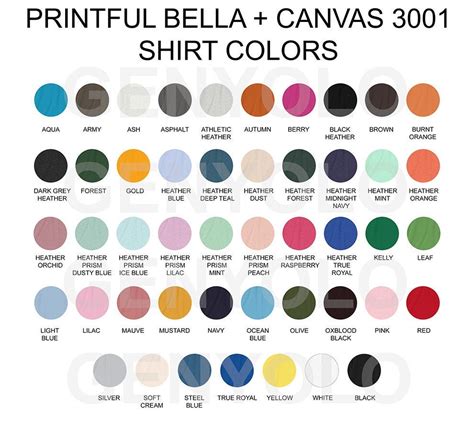 Printful Colors for Bella Canvas 3001 Unisex T-shirt Download Color Swatch Listing Photo for ...