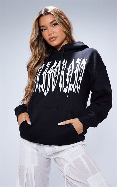 Black California Gothic Print Hoodie | Tops | PrettyLittleThing USA