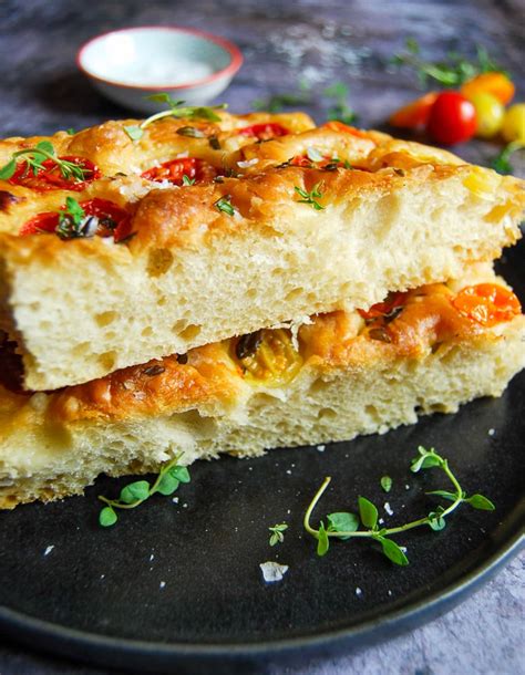 Easy Focaccia Bread with cherry tomatoes and thyme - Something Sweet Something Savoury