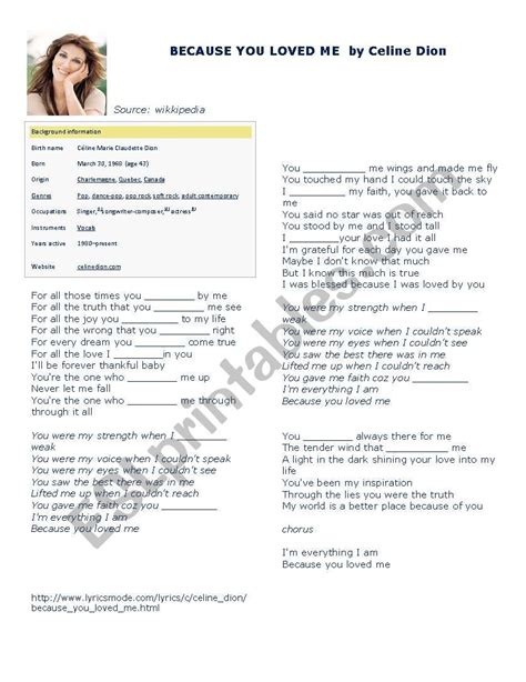 Because you loved me - ESL worksheet by petotux