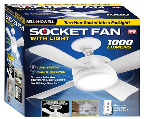 Bell + Howell Socket Fan Ceiling Light with Remote Control, 1000 Lumens ...