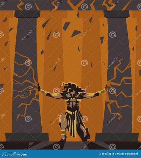 Samson Pushing The Temple Columns Pillars Vector Illustration ...