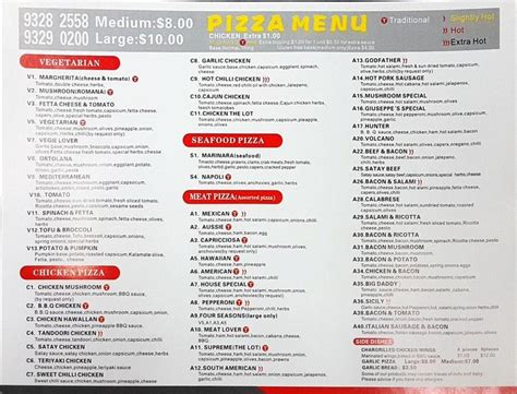 Menu at Papa Giuseppe Pizza pizzeria, North Melbourne