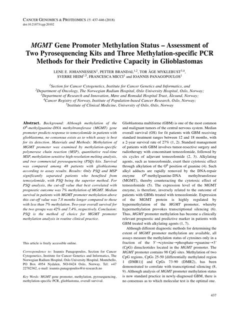 (PDF) MGMT Gene Promoter Methylation Status – Assessment of Two Pyrosequencing Kits and Three ...