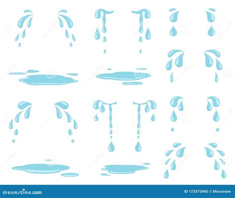 Cartoon Tears. Water Splash, Raining Drops and Natural Stream. Weeping Droplets and Cry Tear ...